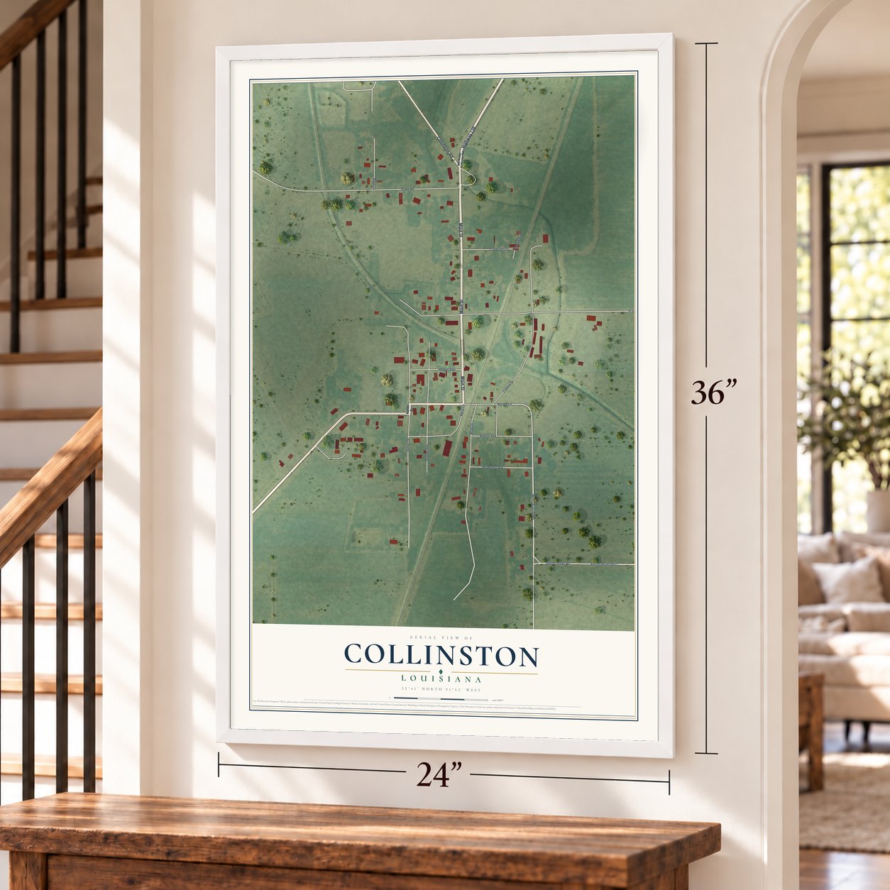 Collinston, Louisiana map, 24 x 36 inch print in a white frame by a staircase
