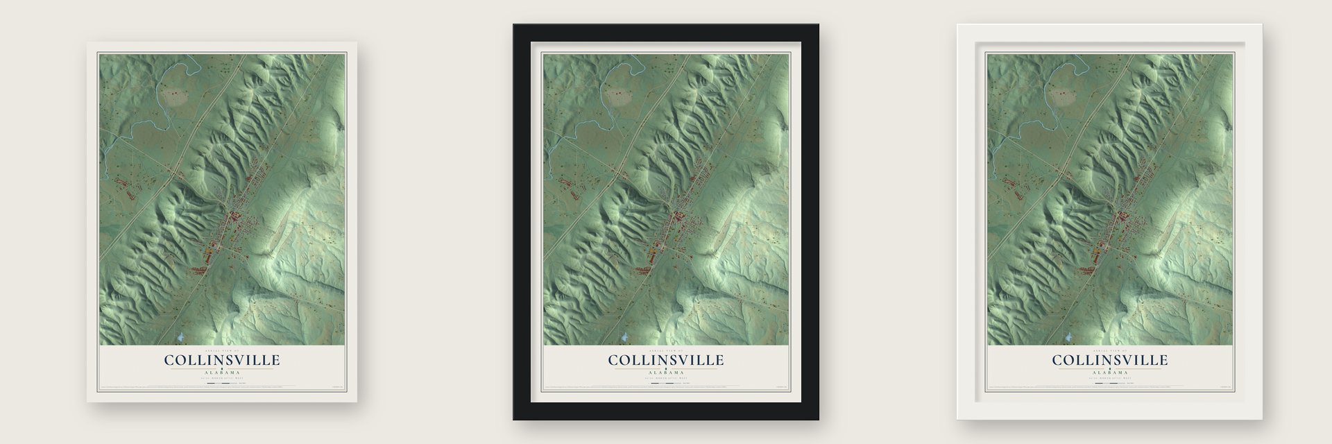 Collinsville, Alabama map unframed, in a black wood frame and in a white wood frame