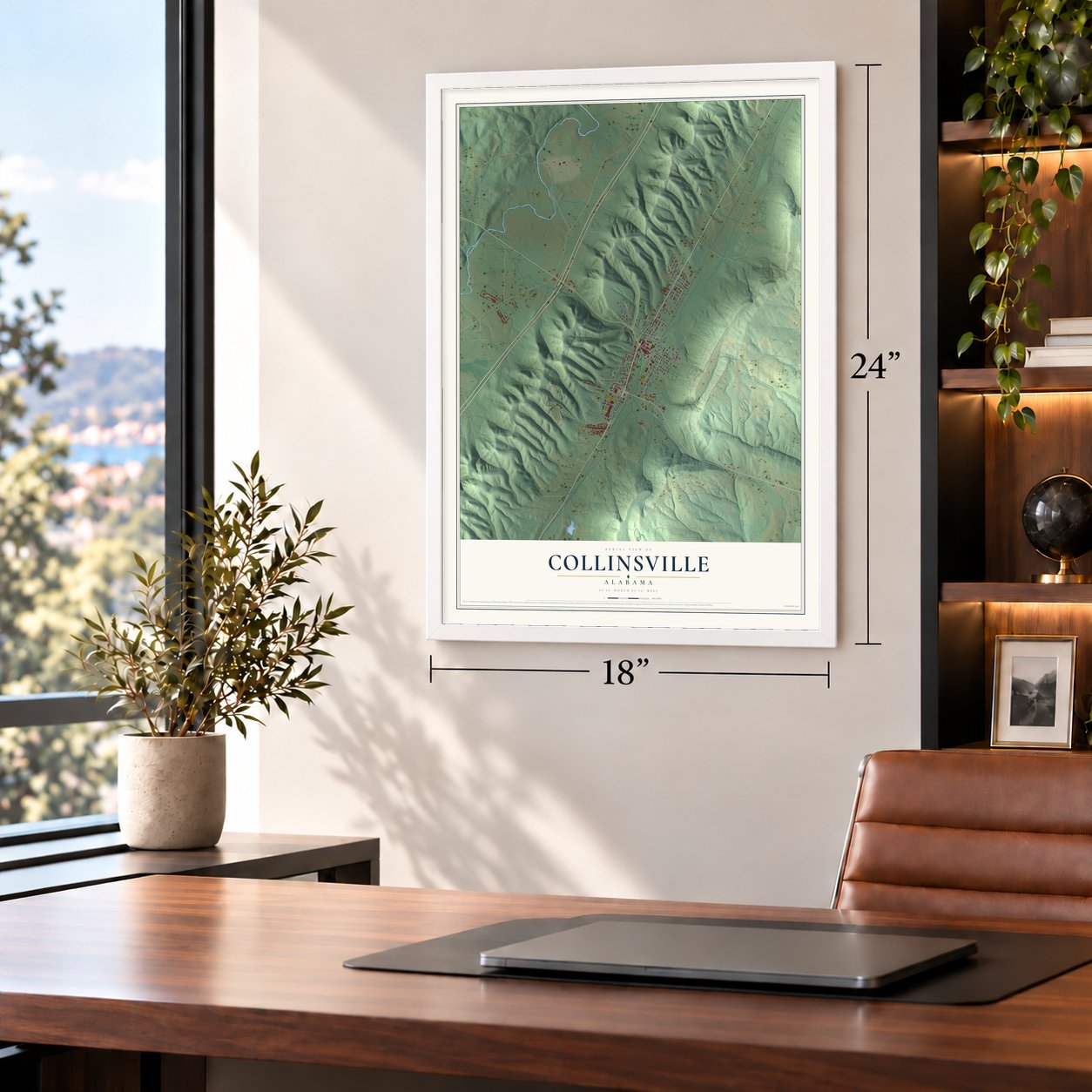 Collinsville, Alabama map, 18 x 24 inch print in a white frame in a home office