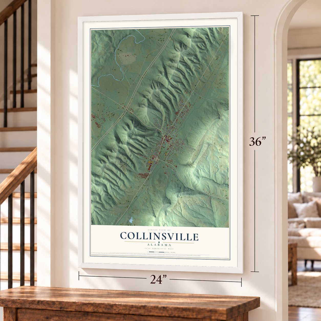 Collinsville, Alabama map, 24 x 36 inch print in a white frame by a staircase
