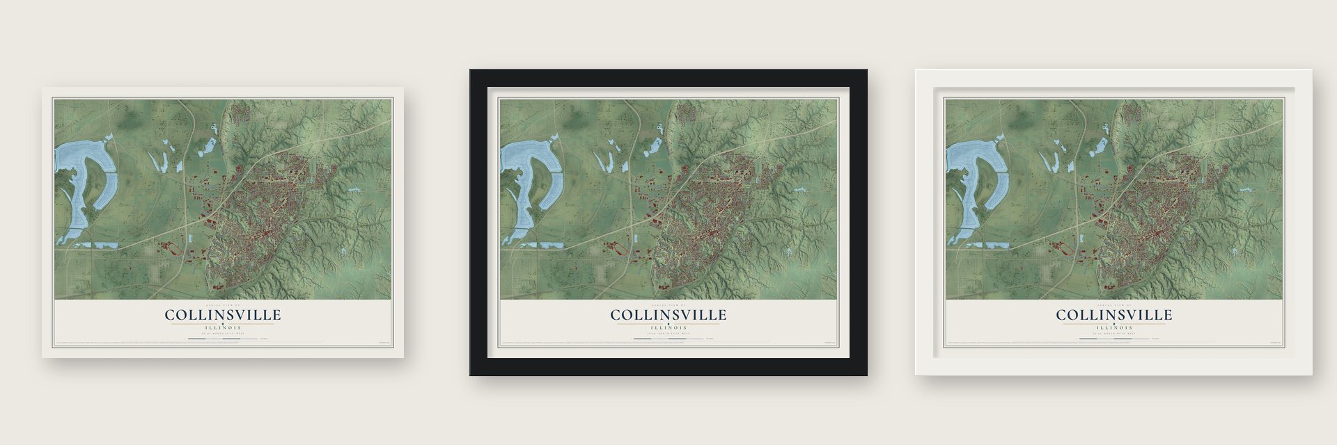 Collinsville, Illinois map unframed, in a black wood frame and in a white wood frame
