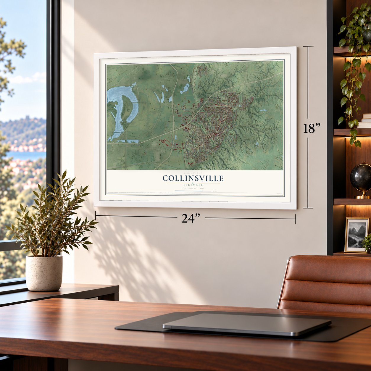 Collinsville, Illinois map, 18 x 24 inch print in a white frame in a home office