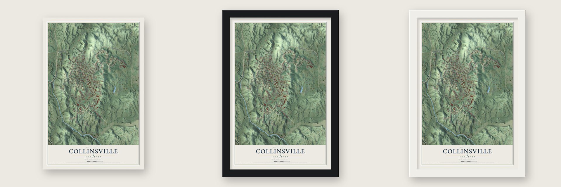 Collinsville, Virginia map unframed, in a black wood frame and in a white wood frame