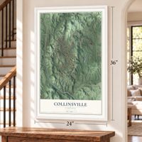 Collinsville, Virginia map, 24 x 36 inch print in a white frame by a staircase