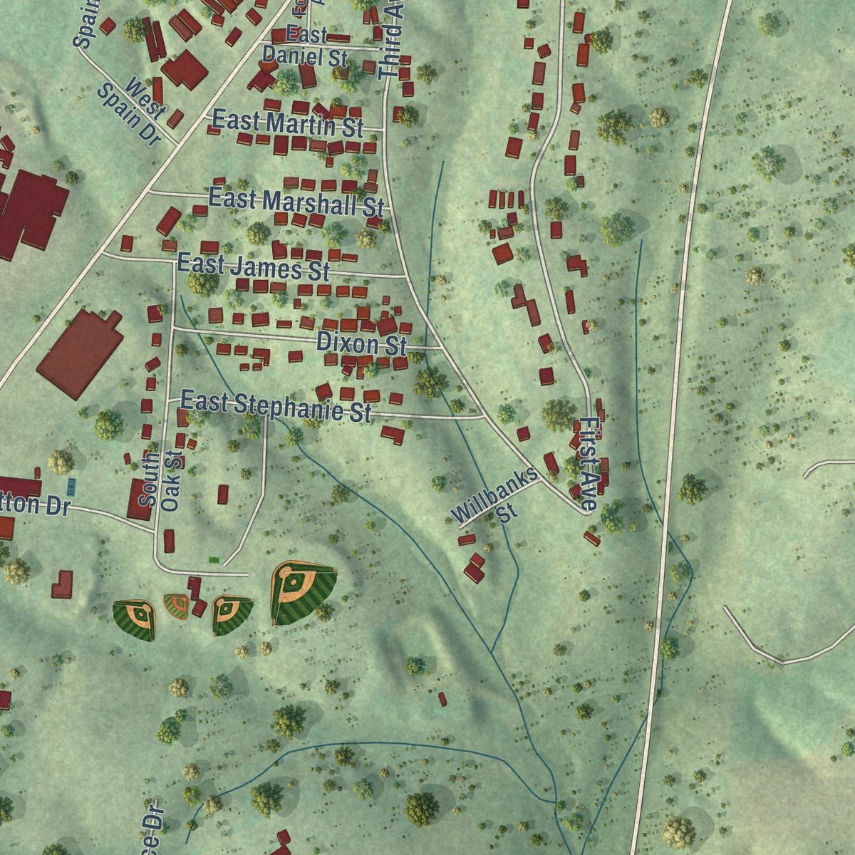Second close-up of the map of Collinwood, Tennessee print showing more streets and buildings