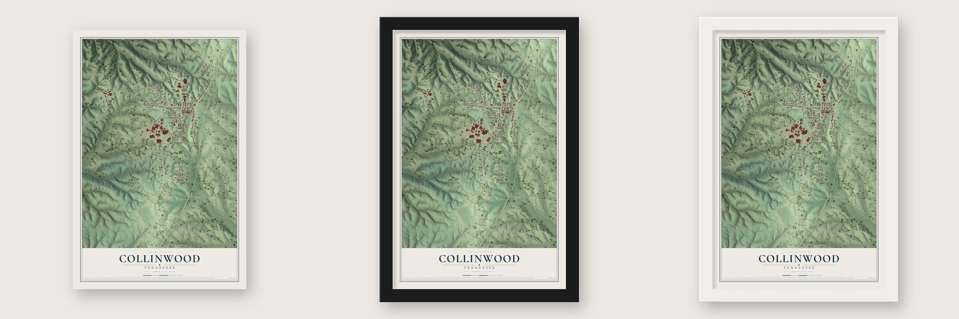 Collinwood, Tennessee map unframed, in a black wood frame and in a white wood frame