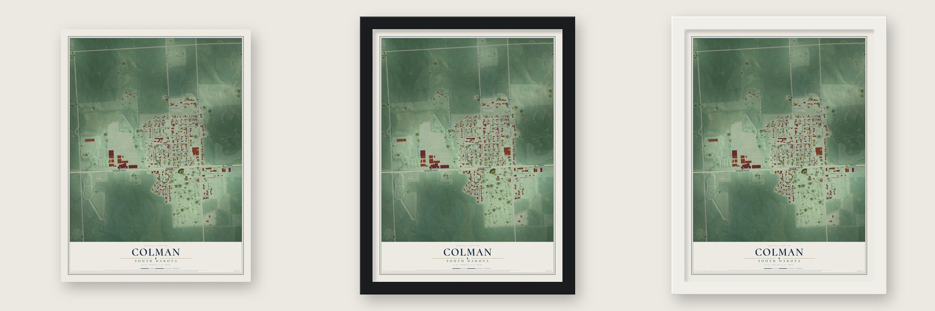 Colman, South Dakota map unframed, in a black wood frame and in a white wood frame