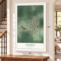 Colman, South Dakota map, 24 x 36 inch print in a white frame by a staircase