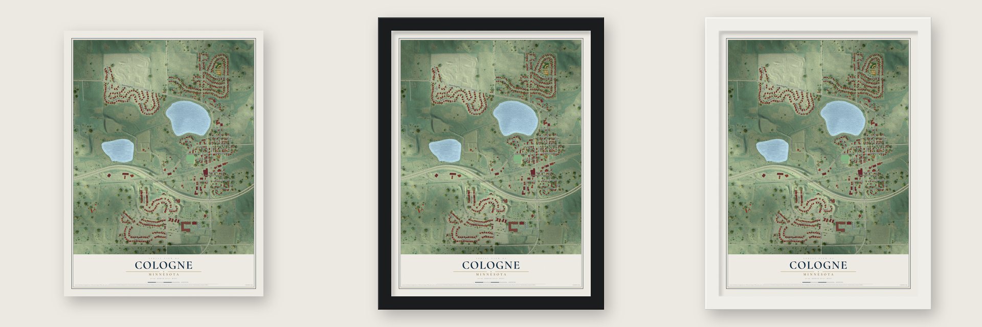 Cologne, Minnesota map unframed, in a black wood frame and in a white wood frame