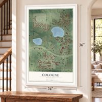 Cologne, Minnesota map, 24 x 36 inch print in a white frame by a staircase