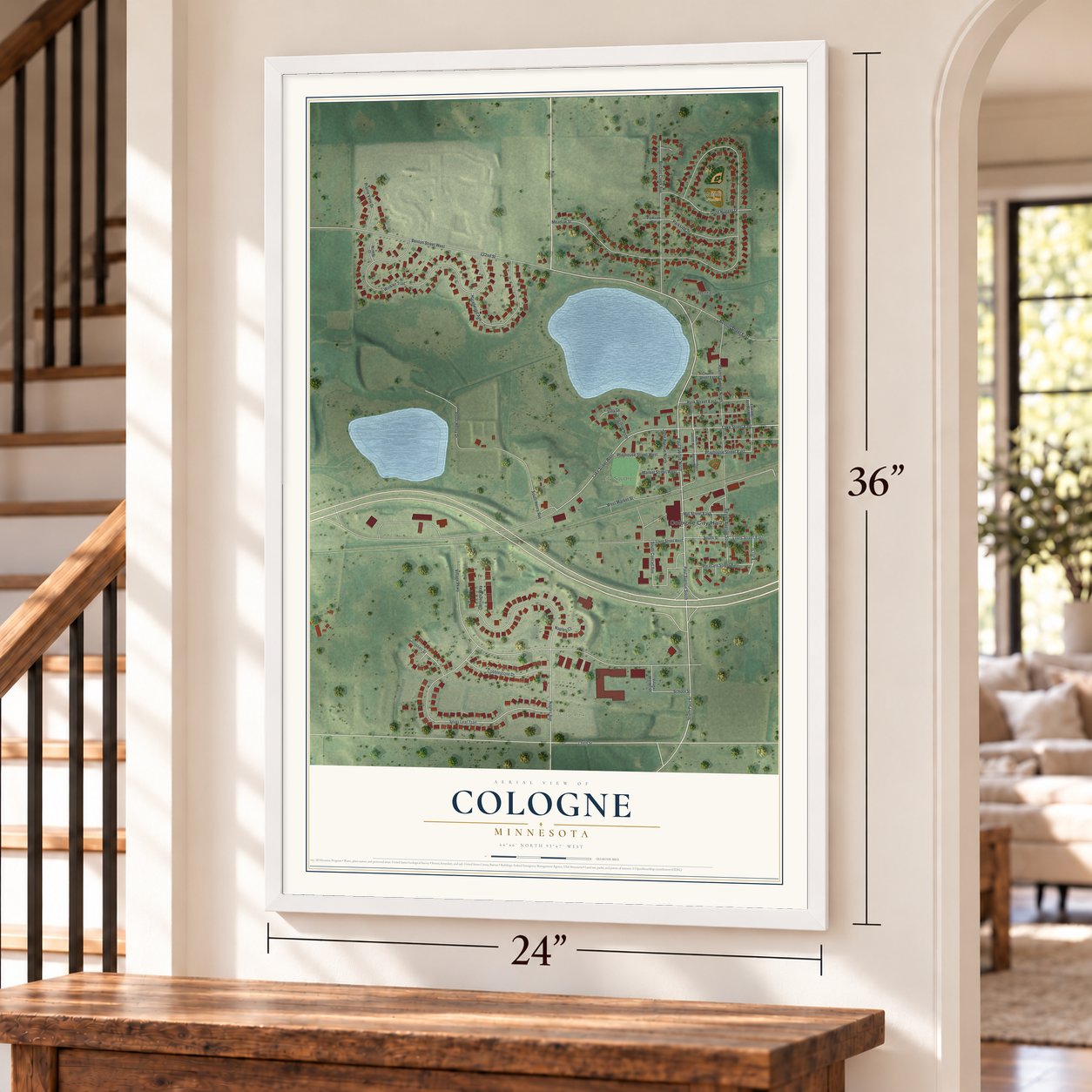 Cologne, Minnesota map, 24 x 36 inch print in a white frame by a staircase