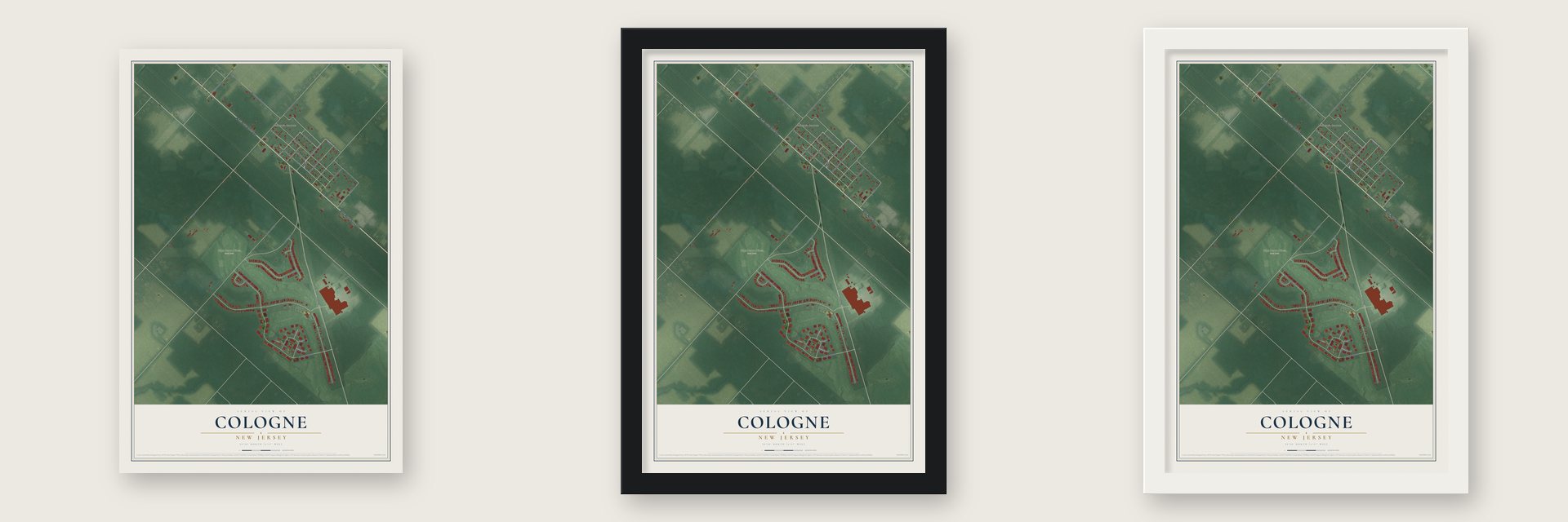 Cologne, New Jersey map unframed, in a black wood frame and in a white wood frame