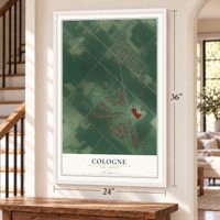 Cologne, New Jersey map, 24 x 36 inch print in a white frame by a staircase