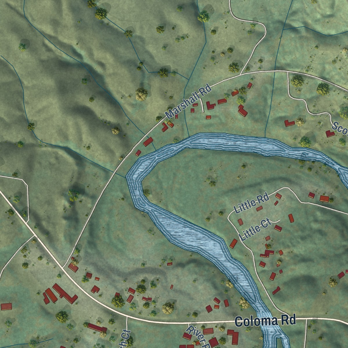 Second close-up of the map of Coloma, California print showing more streets and buildings