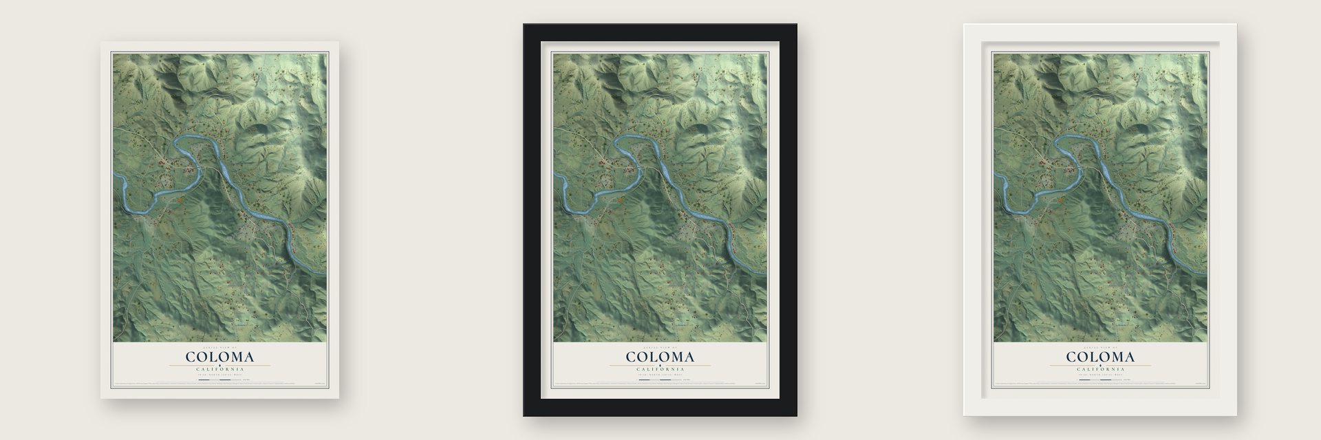 Coloma, California map unframed, in a black wood frame and in a white wood frame