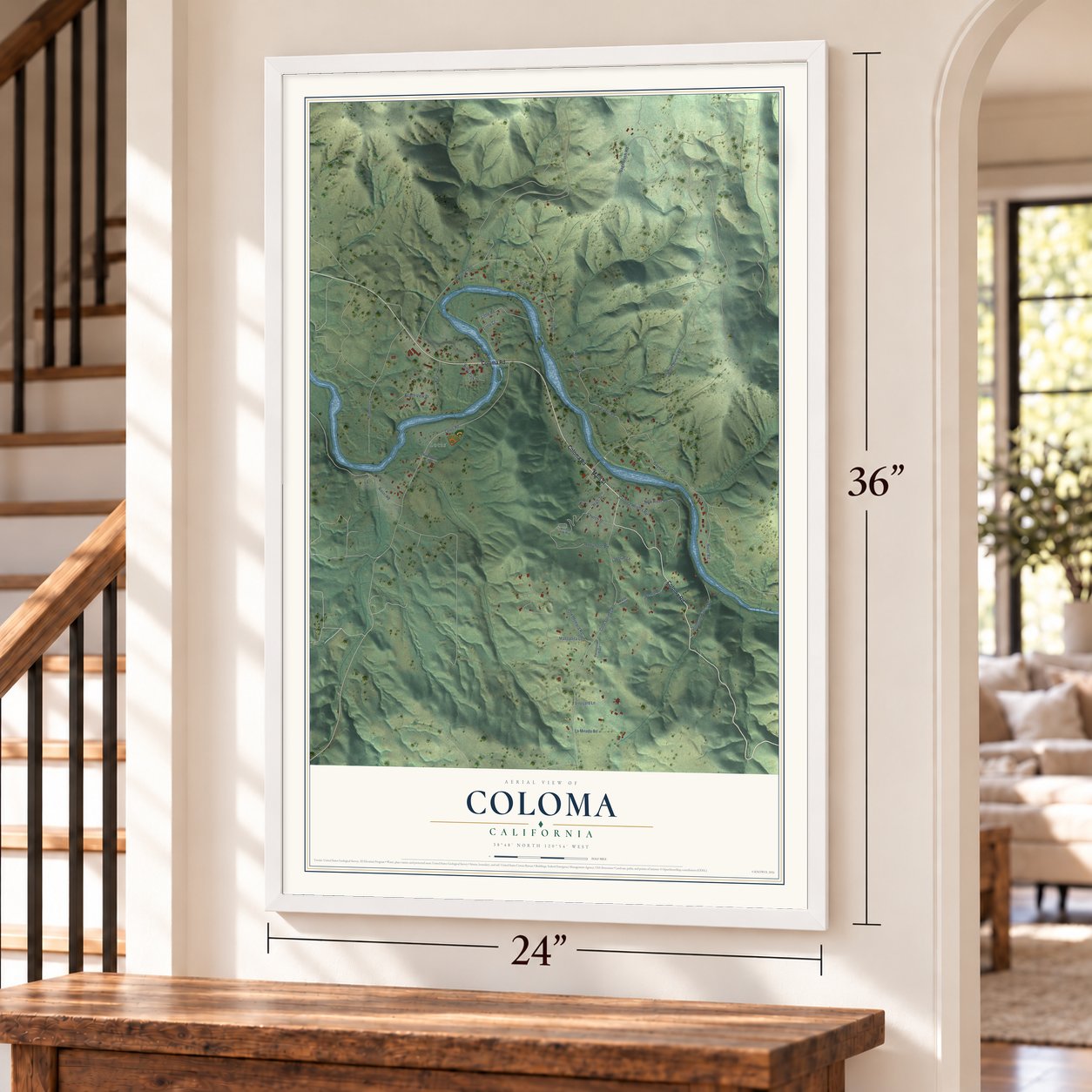 Coloma, California map, 24 x 36 inch print in a white frame by a staircase