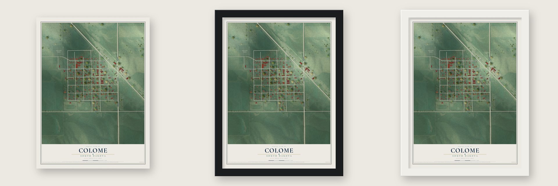 Colome, South Dakota map unframed, in a black wood frame and in a white wood frame