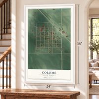 Colome, South Dakota map, 24 x 36 inch print in a white frame by a staircase