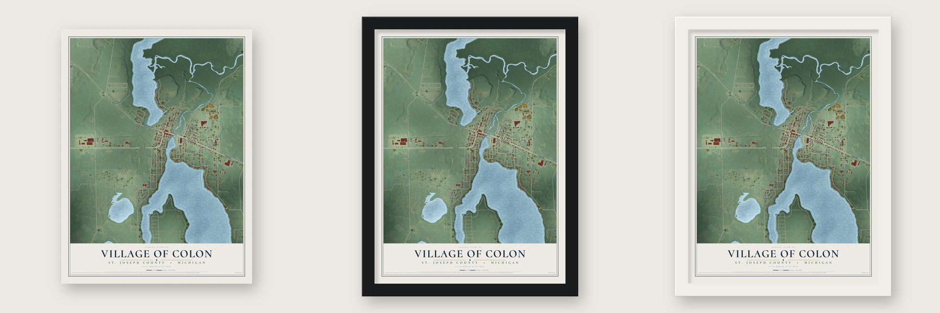 Colon, Michigan map unframed, in a black wood frame and in a white wood frame