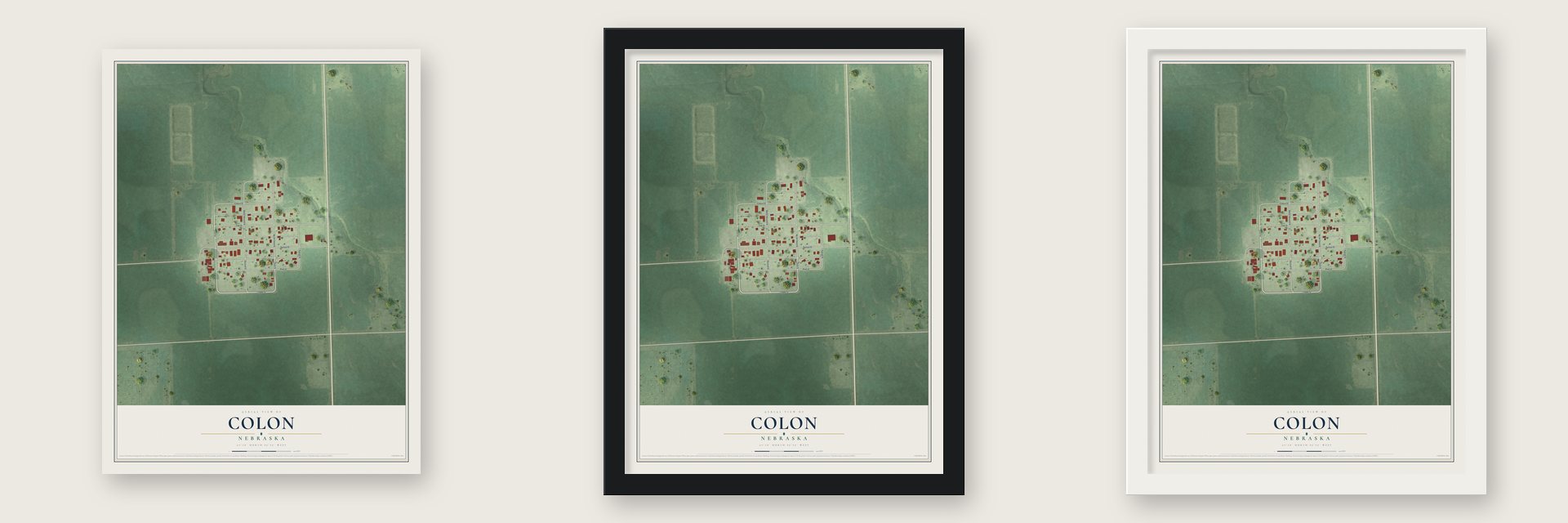 Colon, Nebraska map unframed, in a black wood frame and in a white wood frame