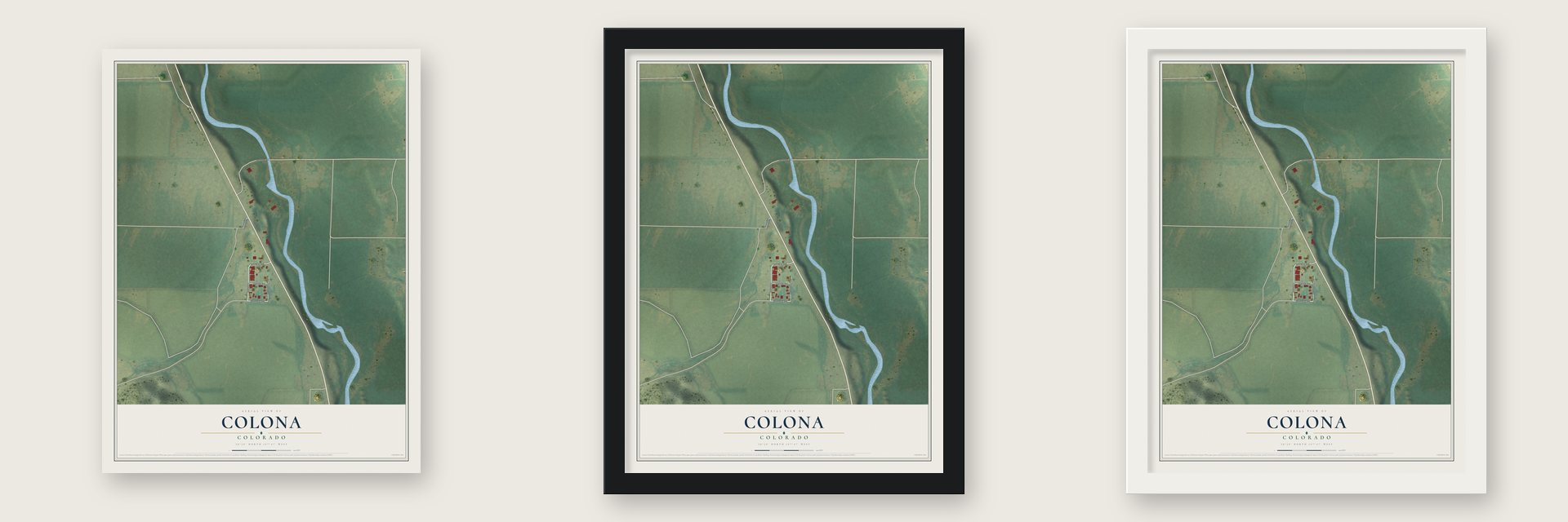 Colona, Colorado map unframed, in a black wood frame and in a white wood frame
