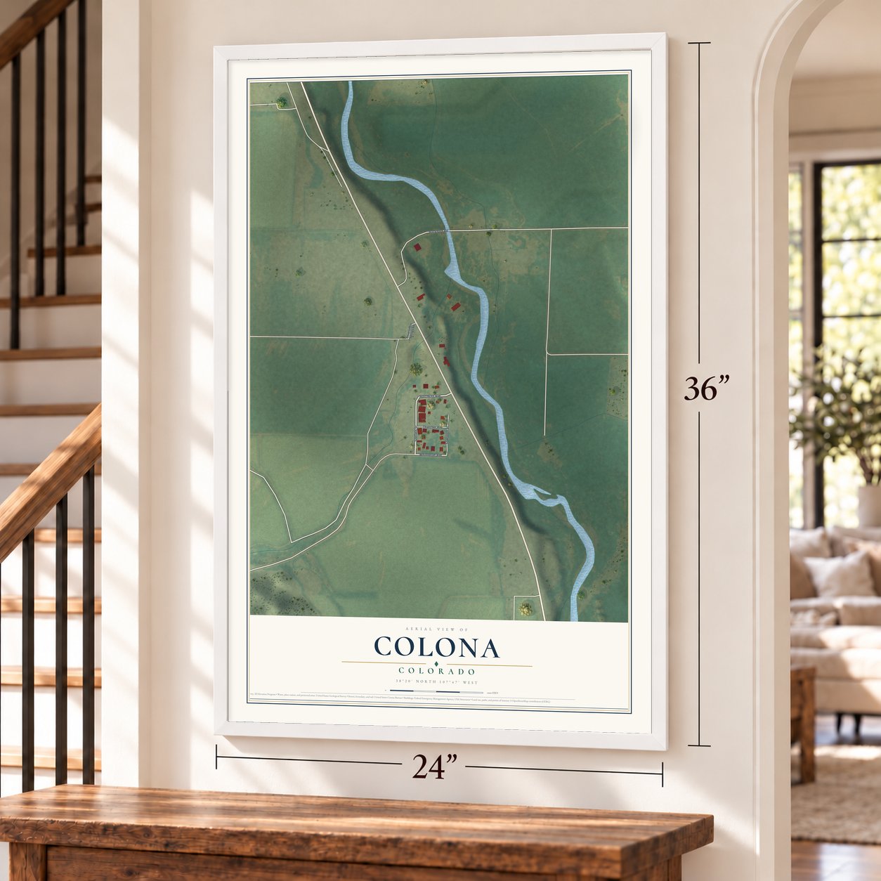 Colona, Colorado map, 24 x 36 inch print in a white frame by a staircase