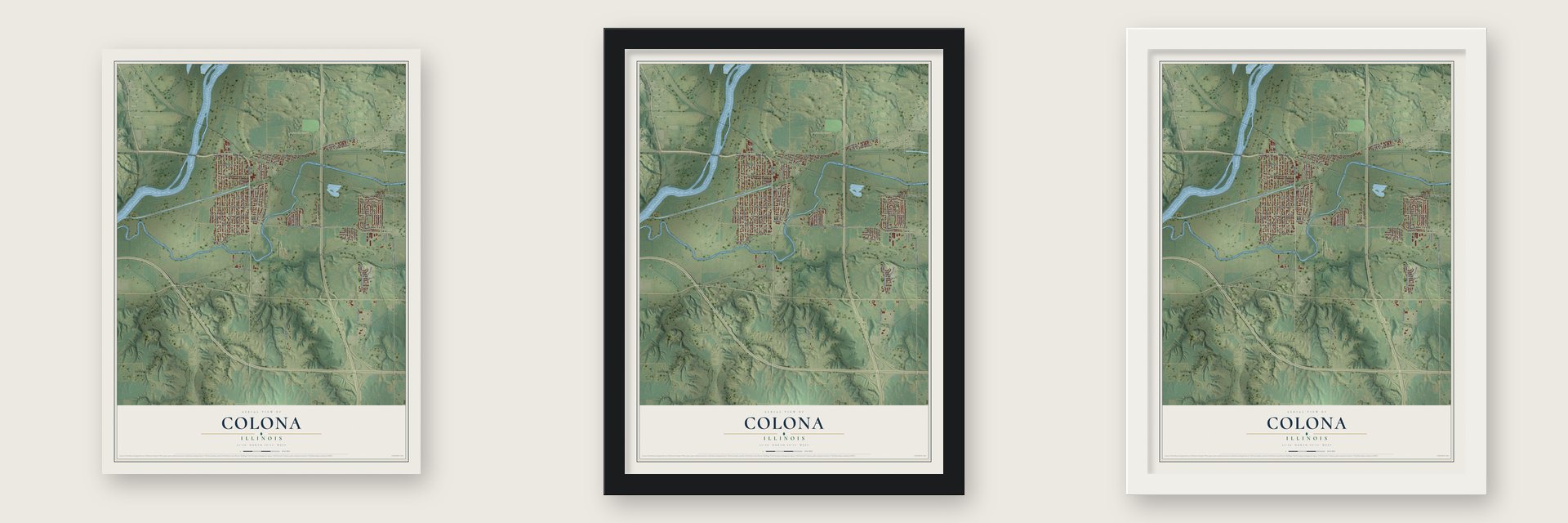 Colona, Illinois map unframed, in a black wood frame and in a white wood frame