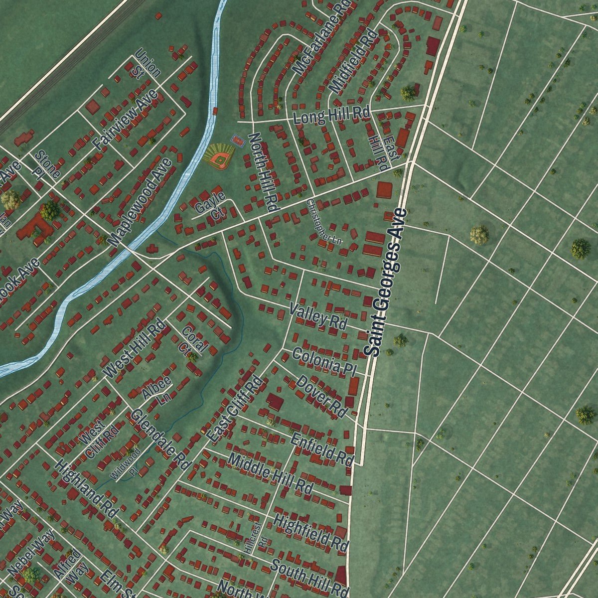 Second close-up of the map of Colonia, New Jersey print showing more streets and buildings