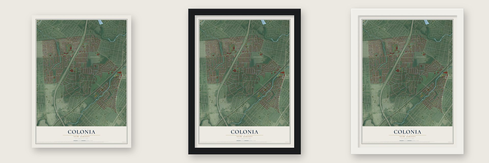 Colonia, New Jersey map unframed, in a black wood frame and in a white wood frame