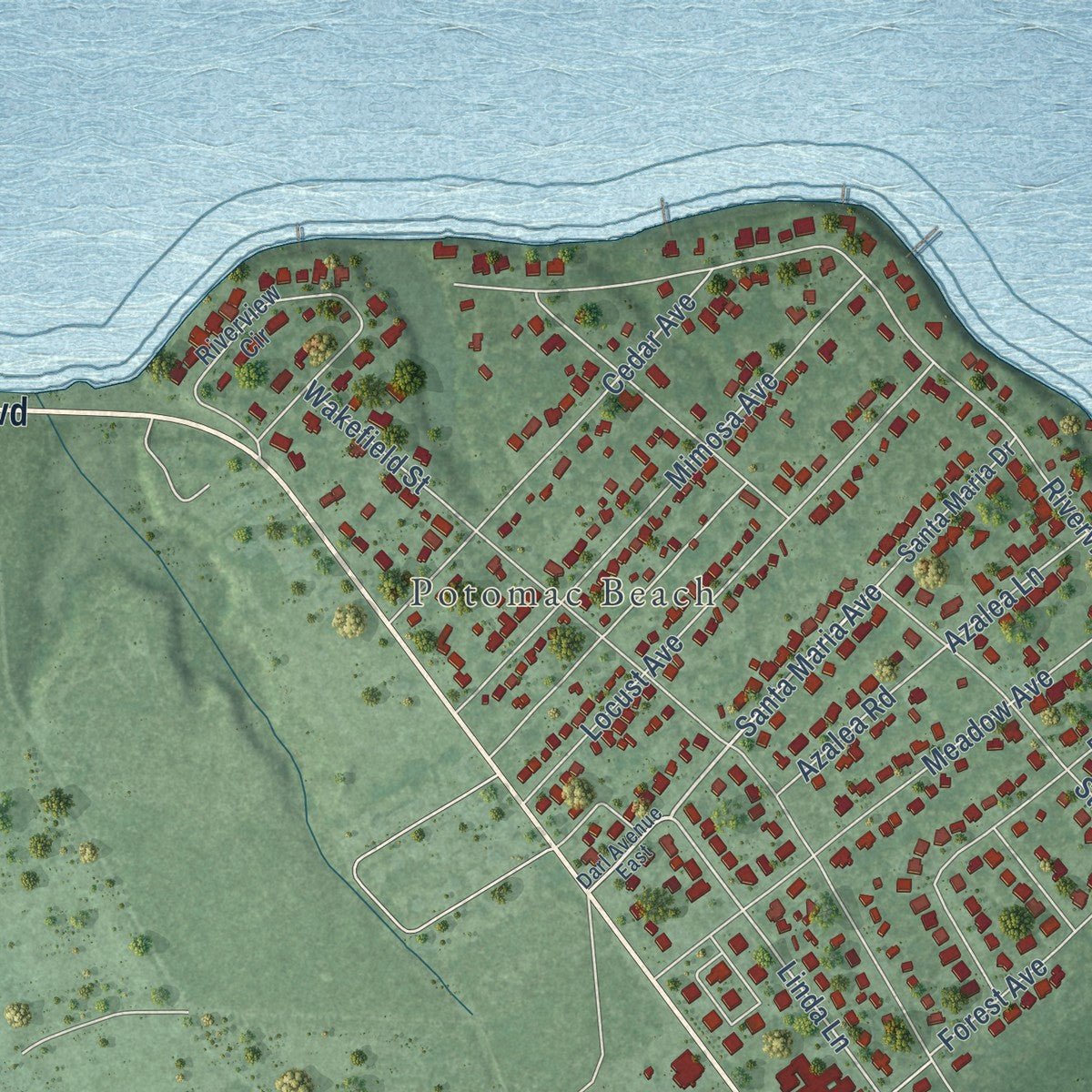 Second close-up of the map of Colonial Beach, Virginia print showing more streets and buildings