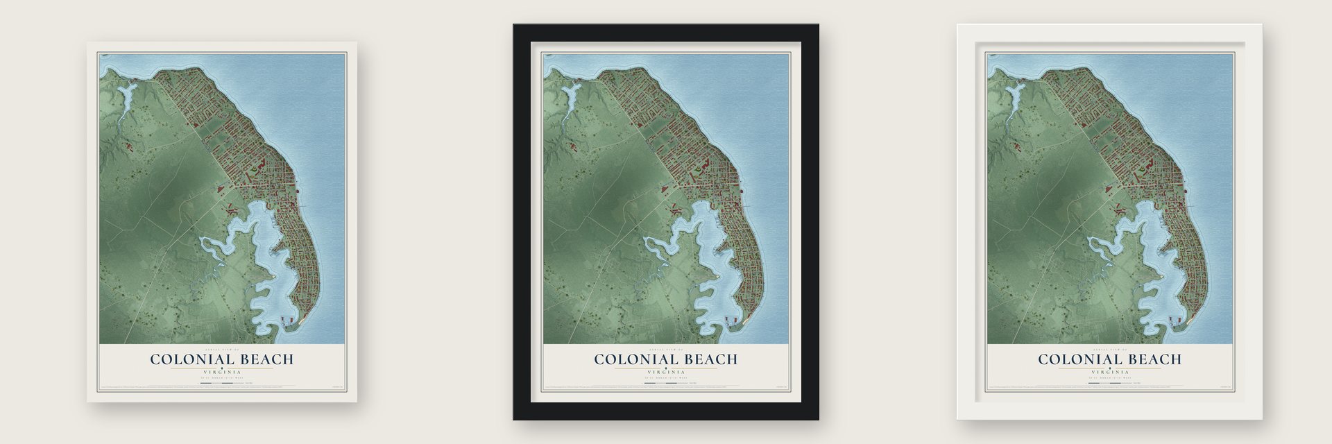 Colonial Beach, Virginia map unframed, in a black wood frame and in a white wood frame