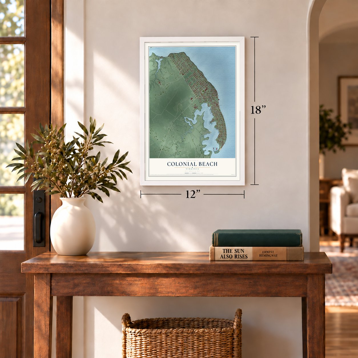 Colonial Beach, Virginia map, 12 x 18 inch print in a white frame in an entryway