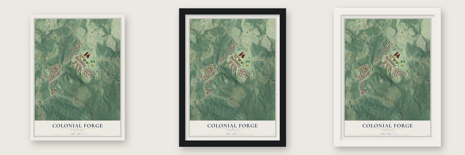 Colonial Forge, Virginia map unframed, in a black wood frame and in a white wood frame