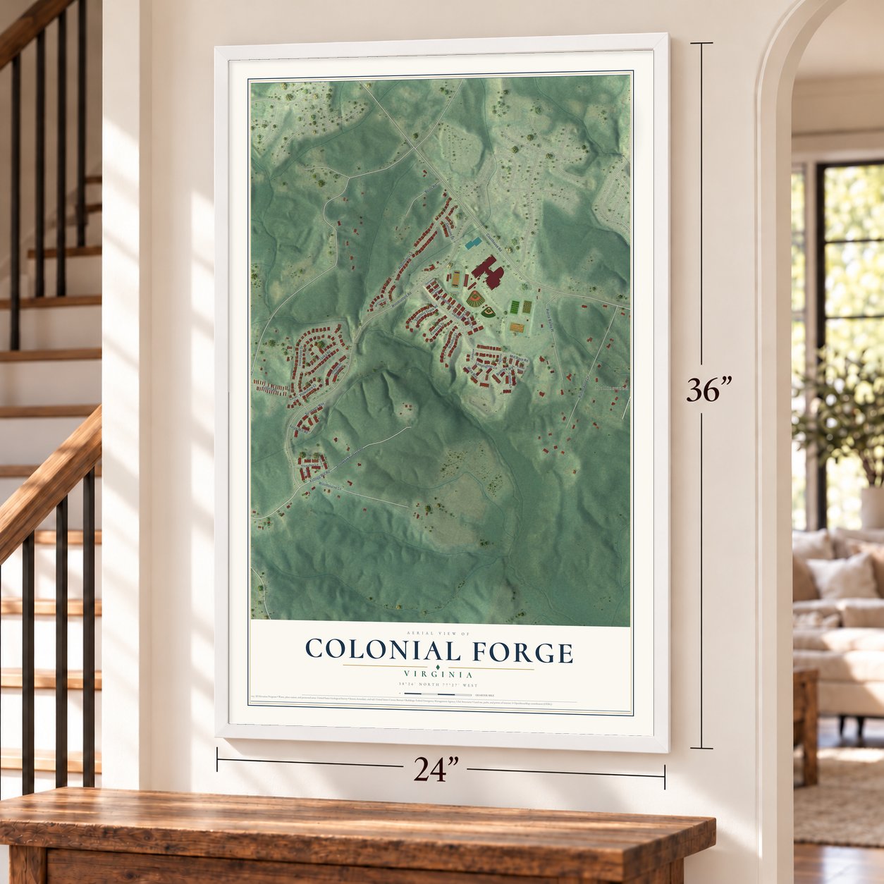 Colonial Forge, Virginia map, 24 x 36 inch print in a white frame by a staircase