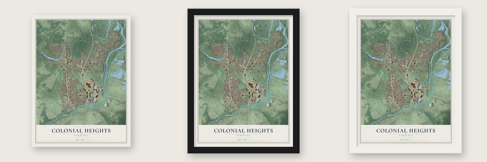 Colonial Heights, Virginia map unframed, in a black wood frame and in a white wood frame