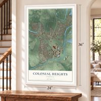 Colonial Heights, Virginia map, 24 x 36 inch print in a white frame by a staircase