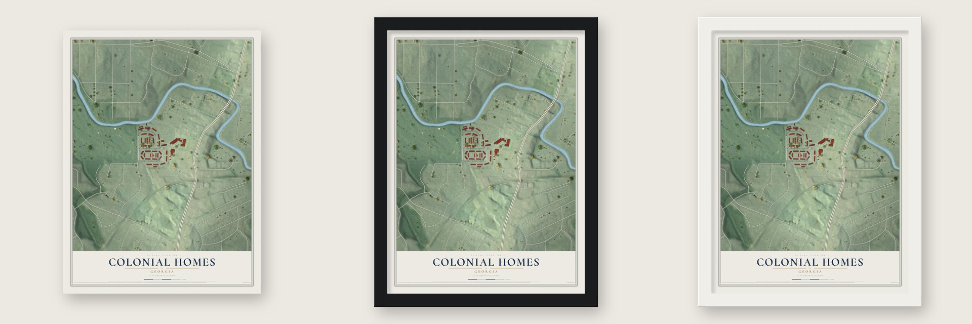 Colonial Homes, Georgia map unframed, in a black wood frame and in a white wood frame