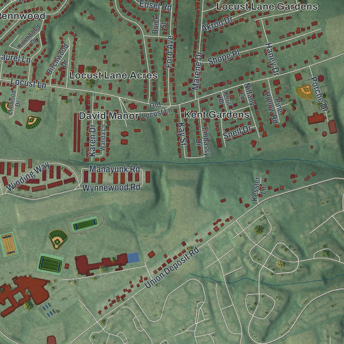 Second close-up of the map of Colonial Park, Pennsylvania print showing more streets and buildings