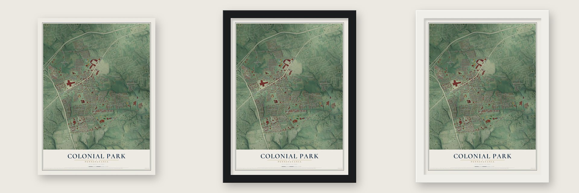 Colonial Park, Pennsylvania map unframed, in a black wood frame and in a white wood frame