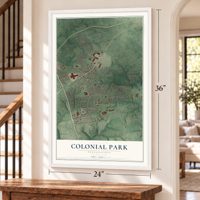 Colonial Park, Pennsylvania map, 24 x 36 inch print in a white frame by a staircase