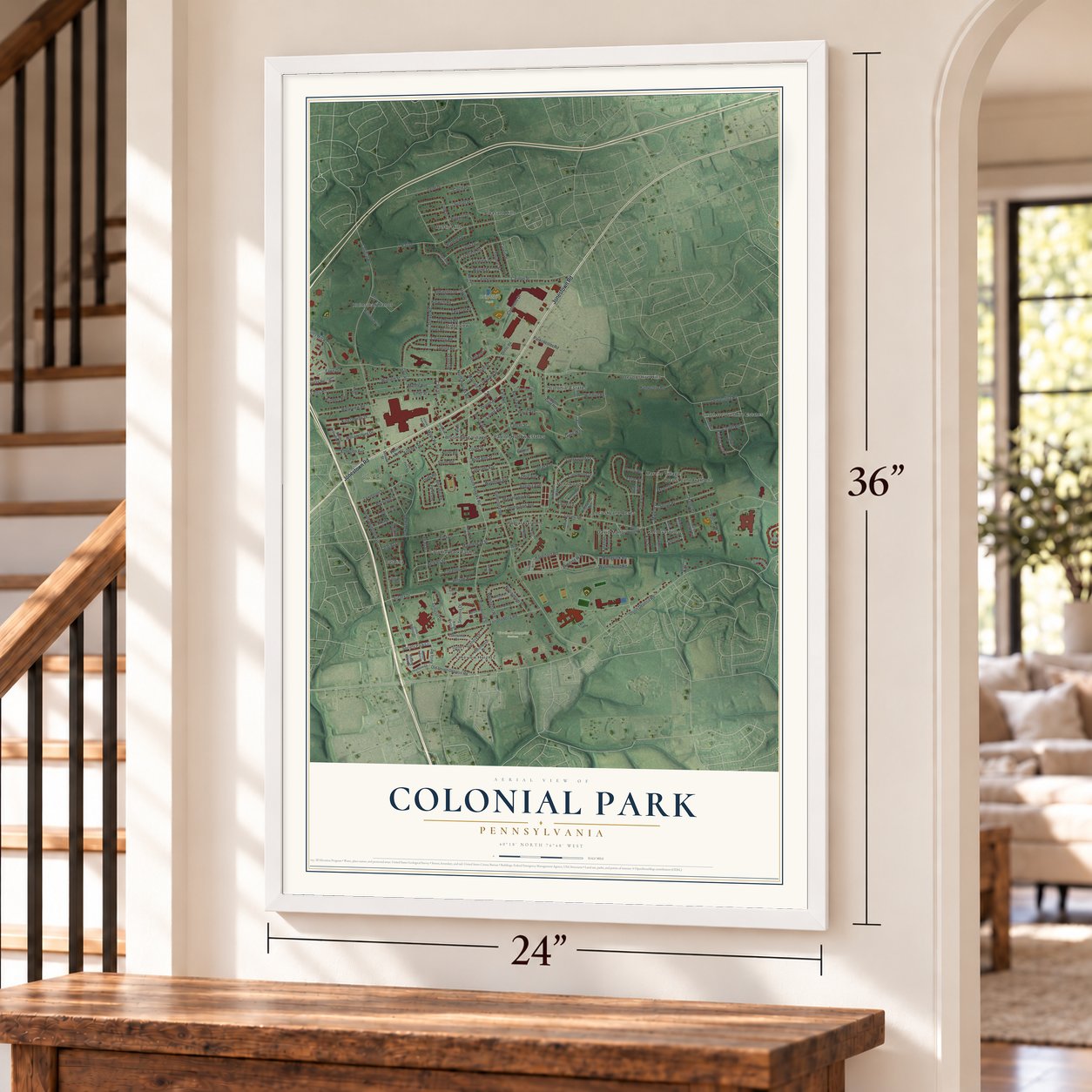 Colonial Park, Pennsylvania map, 24 x 36 inch print in a white frame by a staircase