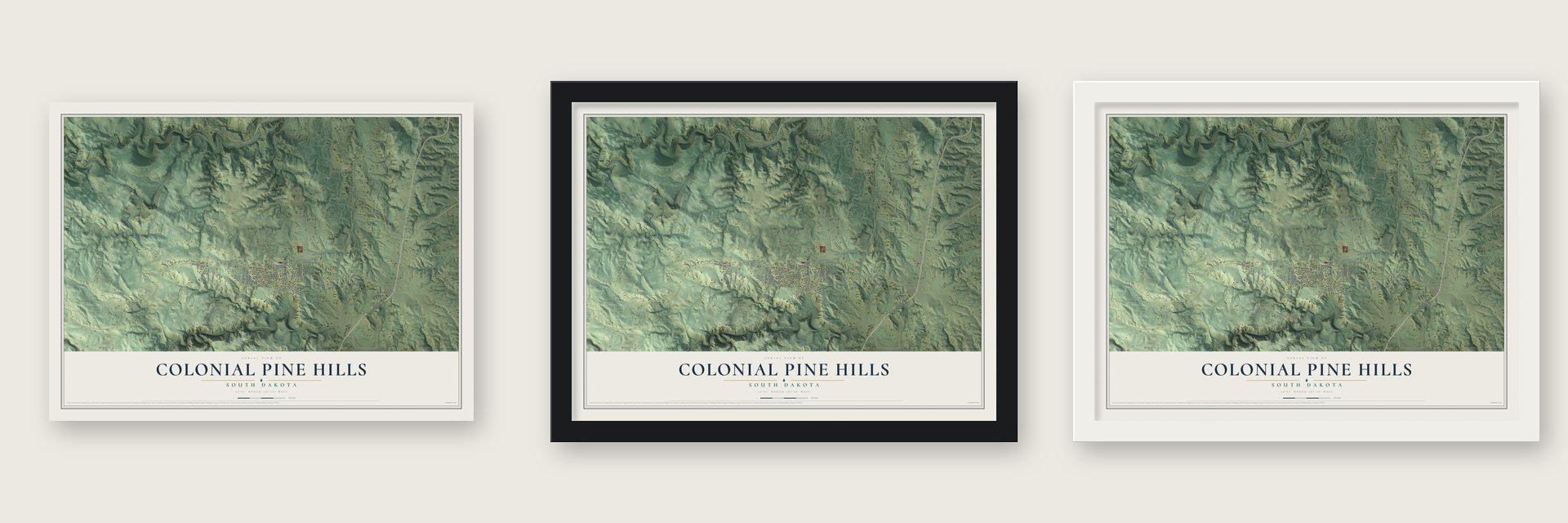 Colonial Pine Hills, South Dakota map unframed, in a black wood frame and in a white wood frame