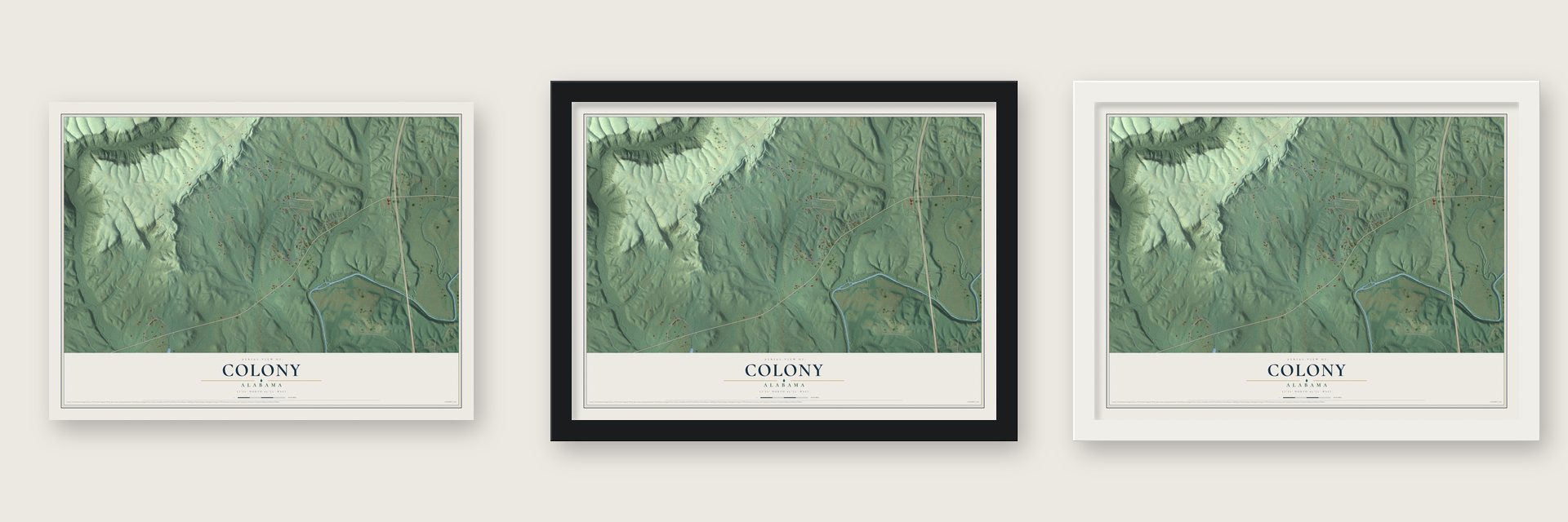 Colony, Alabama map unframed, in a black wood frame and in a white wood frame