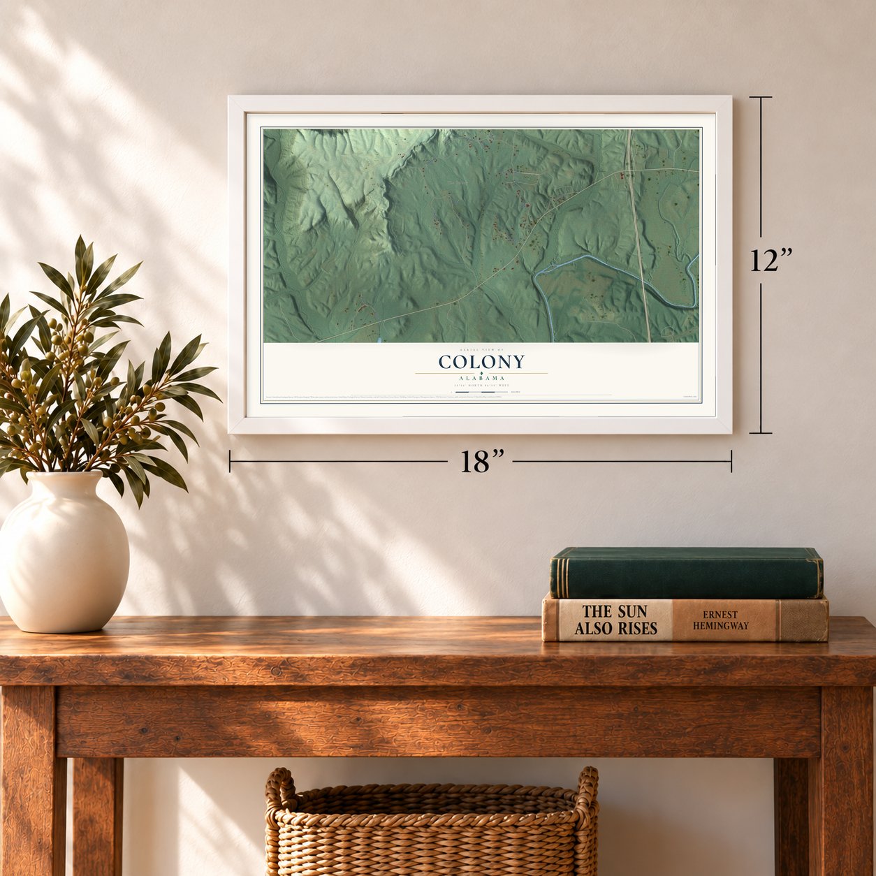 Colony, Alabama map, 12 x 18 inch print in a white frame in an entryway