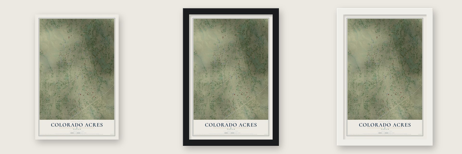 Colorado Acres, Texas map unframed, in a black wood frame and in a white wood frame