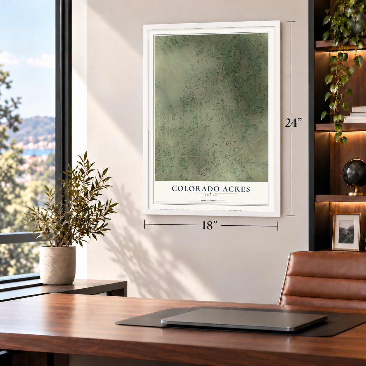 Colorado Acres, Texas map, 18 x 24 inch print in a white frame in a home office