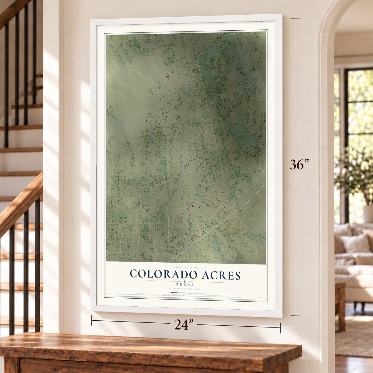 Colorado Acres, Texas map, 24 x 36 inch print in a white frame by a staircase