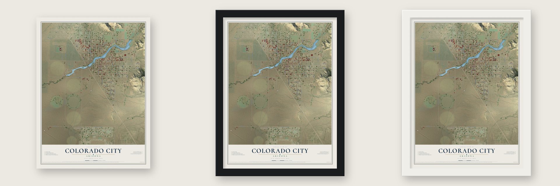 Colorado City, Arizona map unframed, in a black wood frame and in a white wood frame