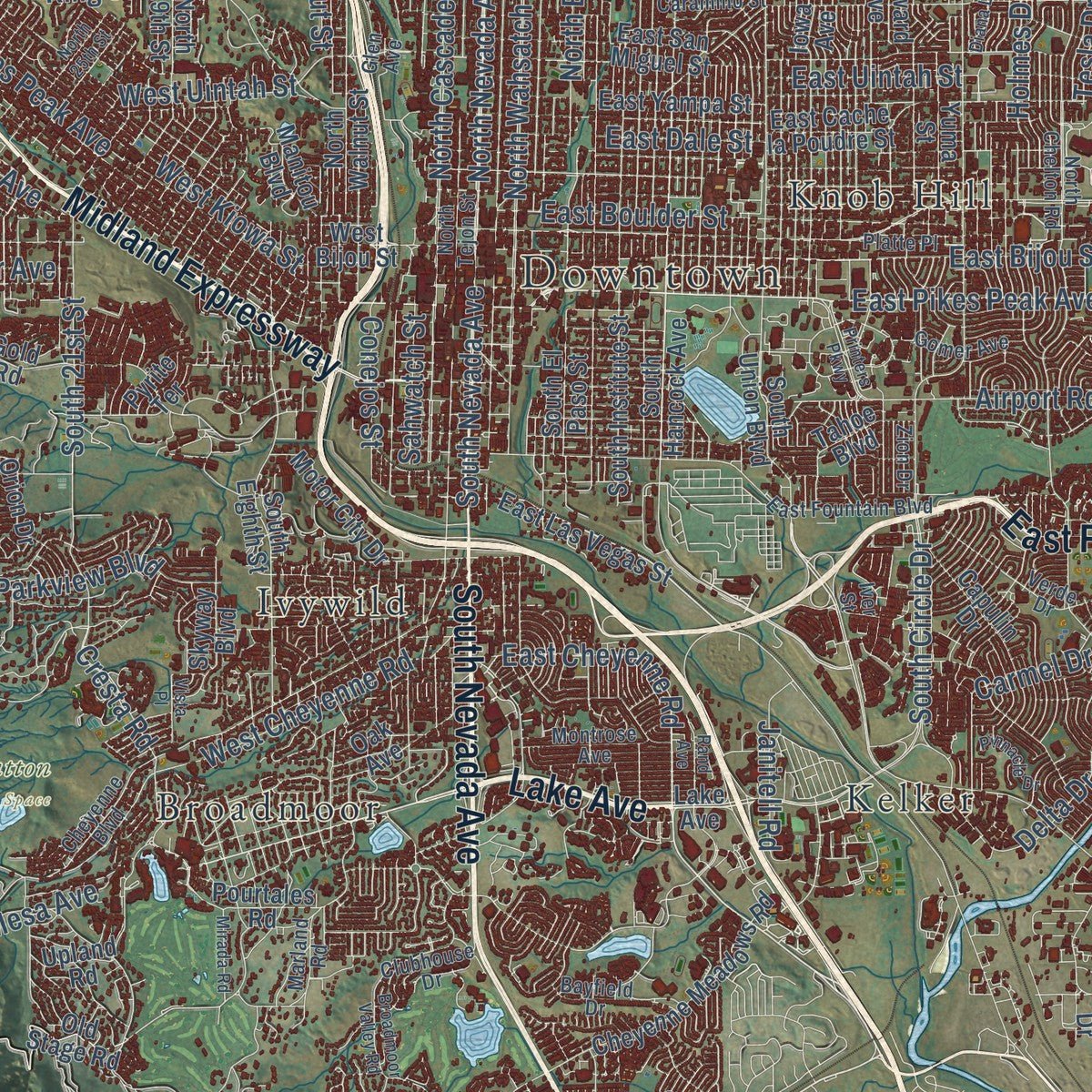 Second close-up of the map of Colorado Springs, Colorado print showing more streets and buildings