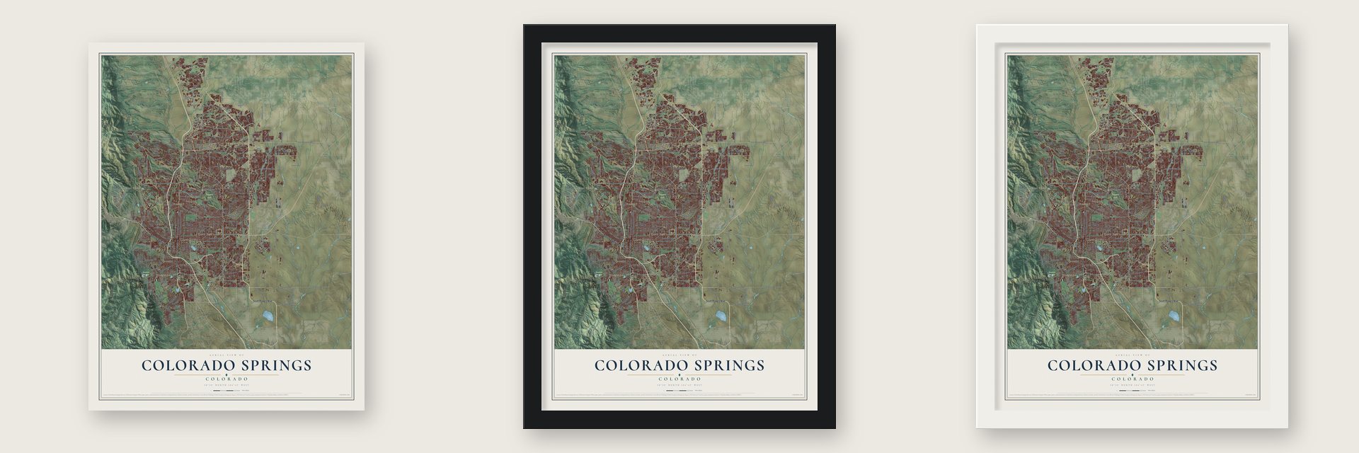Colorado Springs, Colorado map unframed, in a black wood frame and in a white wood frame
